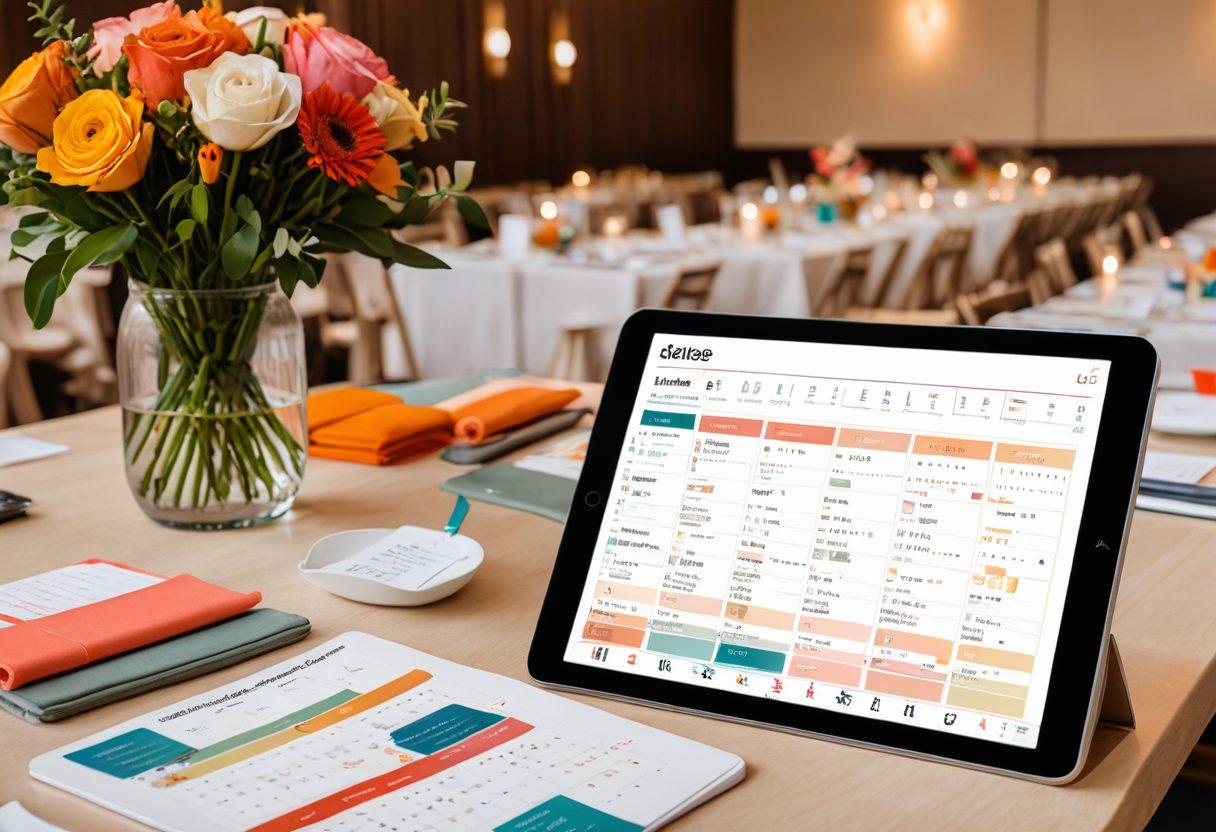 A bustling event planning scene with a sleek digital interface on a tablet displaying RSVLT app, showing reservation schedules and guest lists. Event planners with confident smiles, surrounded by decor samples, seating charts, and a calendar filled with appointments. Bright, inviting colors emphasize efficiency and excitement. super-realistic. vibrant colors. modern design.