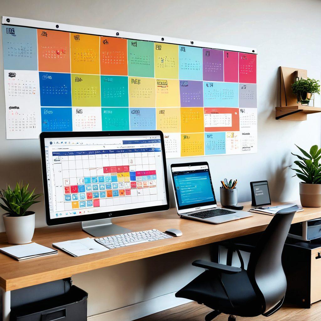 A sleek, modern workspace with a large digital calendar on a computer screen, filled with color-coded events and appointments. An organizer is interacting with the calendar, showing satisfaction and efficiency. Surrounding the workspace are icons representing successful events, like thumbs-up, check marks, and briefcases. The atmosphere is dynamic and inspiring. super-realistic. vibrant colors. modern design.