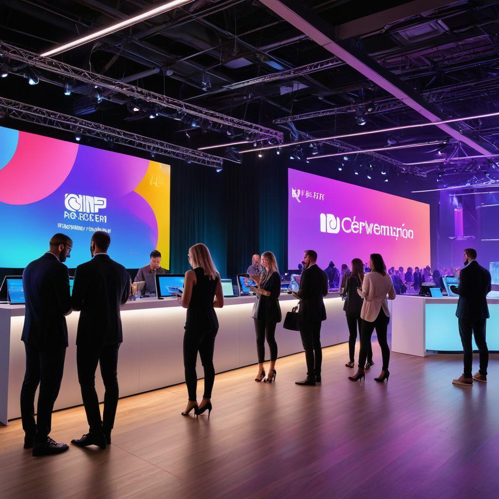 A dynamic scene of a sleek, modern event space bustling with activity, showcasing an organized event with attendees checking in smoothly at a reception counter using tablets. In the backdrop, there are clear signages, a stage setup, and people networking. Highlight RSVLT branding subtly on digital screens. vibrant colors. super-realistic.